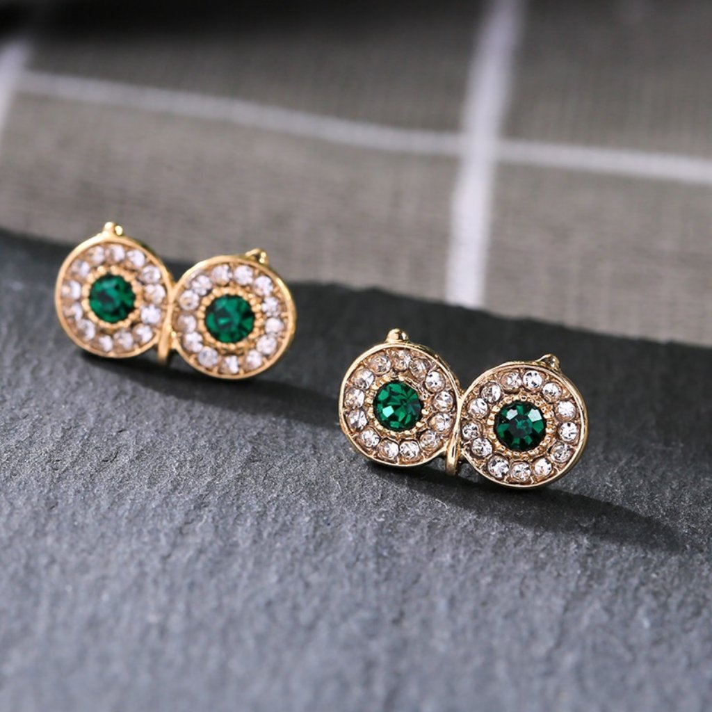 Green Cz Owl Gold Stud Earrings
